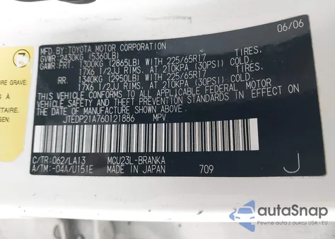 2006 Toyota Highlander Sport V6 from USA, damaged, VIN JTEDP21A760121886